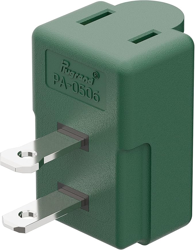 2 Prong 90 Degree AC Adapter, Plugrand NEMA 1-15P to 1-15R Left Angled Adapter, Polarized 2 Prong L Type Adapter, Vertical NEMA 2 Pin Power Adapter, PA-0506G Green Color