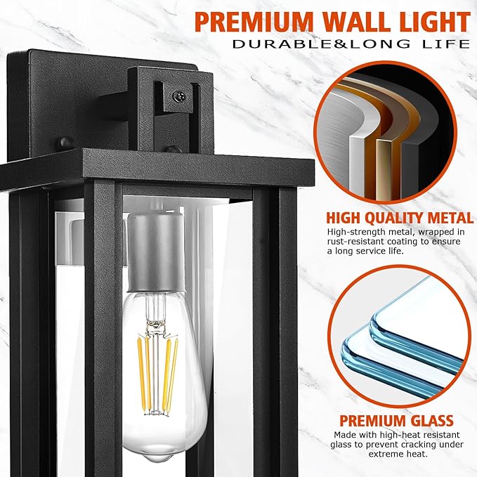 DBF Outdoor Wall Lanterns, Exterior Waterproof Wall Sconces Light Fixtures, Black Porch Lights Outside with Clear Glass, E26 Base Anti-Rust Heavy Duty Metal for House Garage Front Door, 2 Pack