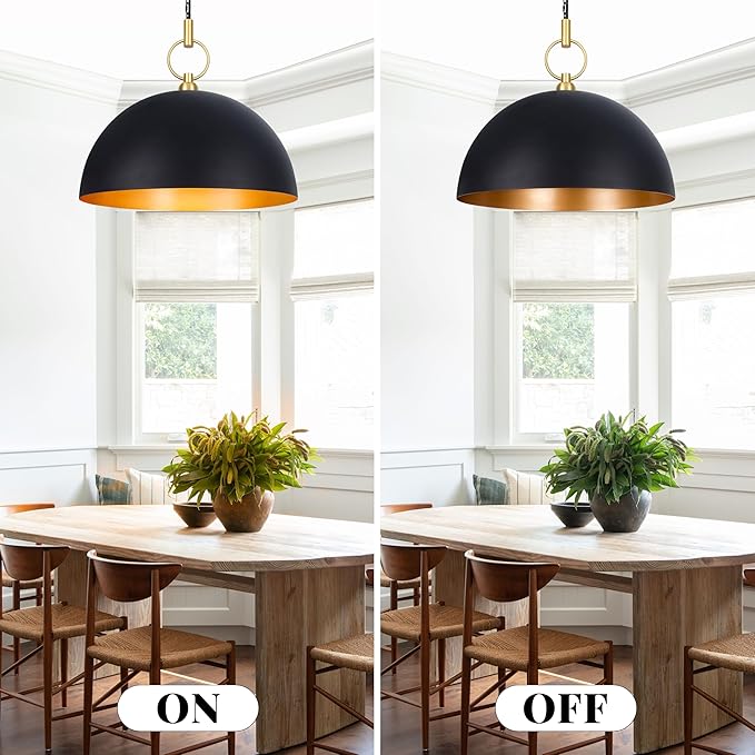 23.6" Farmhouse Pendant Lights for Kitchen Island, Black and Gold Large Dome Pendant Light Fixture Industrial Hanging Lamp for Dining Room Living Room Hallway Bar Bedroom