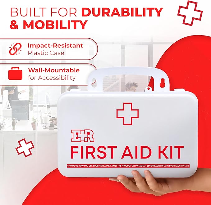 Class B OSHA ANSI Compliant First Aid Kit – Emergency Medical Supplies in Wall-Mountable Plastic Case for Workplace, Office, Home – 190 Piece