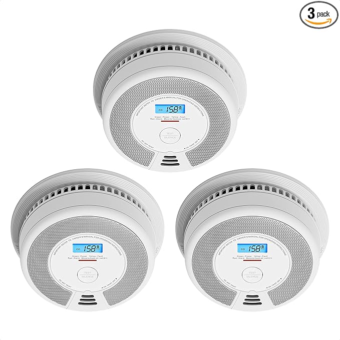 X-Sense 10-Year Battery Combination Smoke Carbon Monoxide Alarm Detector with Large LCD Display, Standalone Model, 3-Pack