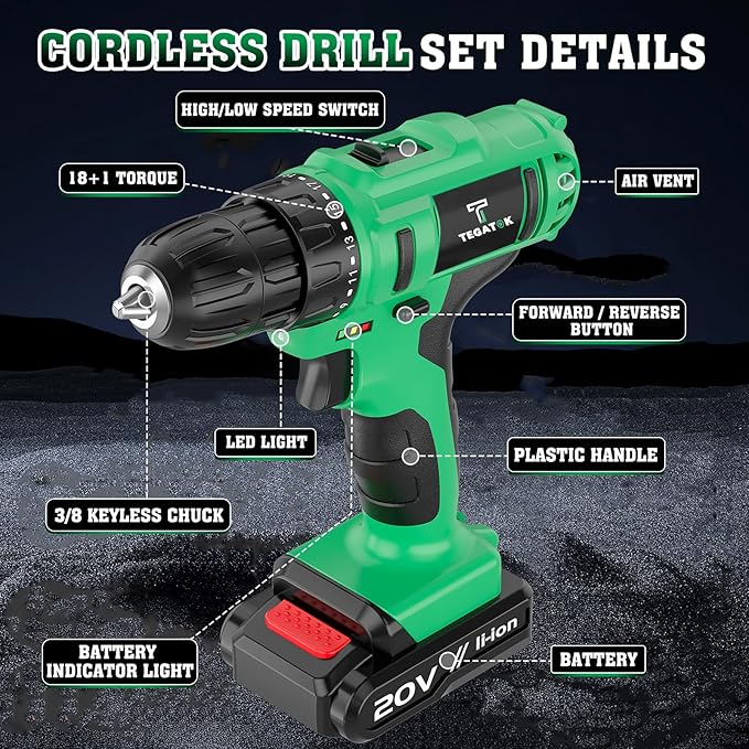 Cordless Drill Set, 3/8 Drill Handheld Screwdriver Kit with 18+1 Torque Setting, 20V Electric Drills Tools Bit, LED Electric Power Drills with Battery and Charger, 1 Battery