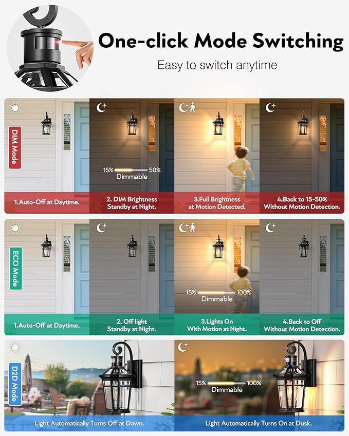 Motion Sensor Outdoor Wall Lights, Black Dusk to Dawn Porch Light Wall Mount, Exterior Lighting Fixtures, Outdoor Wall Sconce Lantern with Adjustable Sensor Range, Coach Lights for Garage Patio