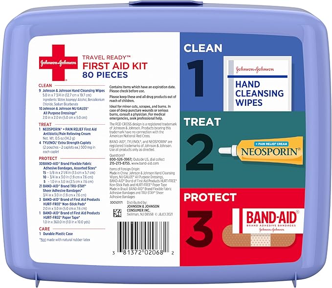 Band-Aid Travel Ready Portable Emergency First Aid Kit for Minor Wound Care with Assorted Adhesive Bandages, Gauze Pads & More, Ideal for Travel, Car & On-The-Go, 80 pc