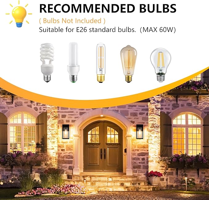 2-Pack Outdoor Wall Light Fixture, Exterior Porch Light with E26 Sockets &Glass Shades, Modern Wall Sconce for House Patio Garage Door