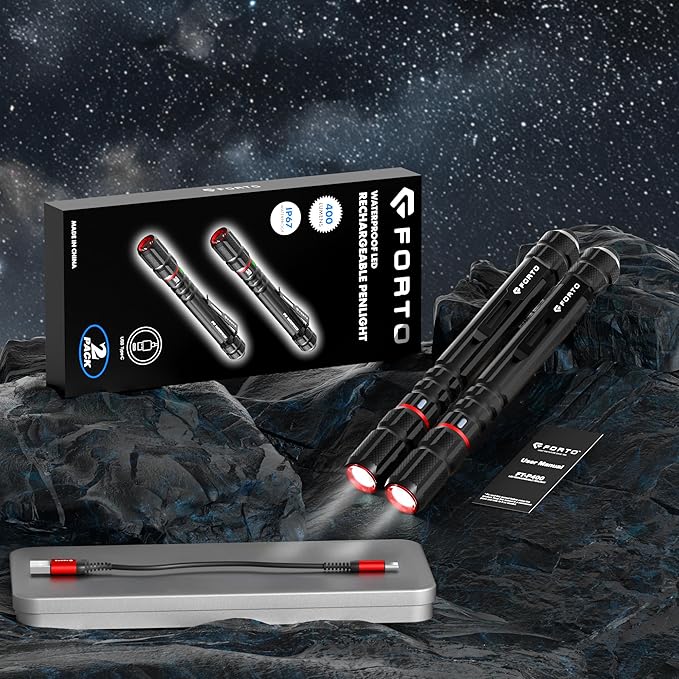 FORTO Rechargeable Pen Light Flashlight, 400 Lumens Small Pocket Flashlight with Clip, IP67 Waterproof, 2 Light Modes, 3-Color Battery Indicator, Type-C Charging, for Inspection,Emergency(2 Pack)