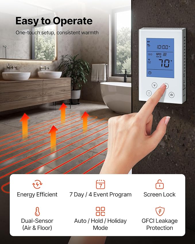 VEVOR 60 sqft Floor Heating Mat System, 120V Electric Radiant Heated Floor System, with Decoupling Membrane & Smart Control Thermostat & Alarm, Easy Installation for Tile, Stone, Vinyl