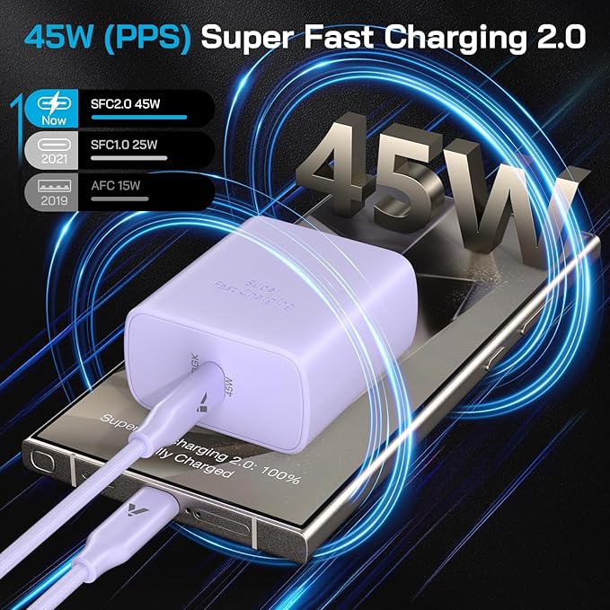 45W Super Fast Charger USB C,45 Watt Type-C Android Phone Charger Fast Charging Block with 6.6FT Type C Cords for Samsung Galaxy S25 Ultra/S24 Ultra/S24+/S23 Ultra/S22 Plus/S20,Tab S9/S8 Ultra(Purple)