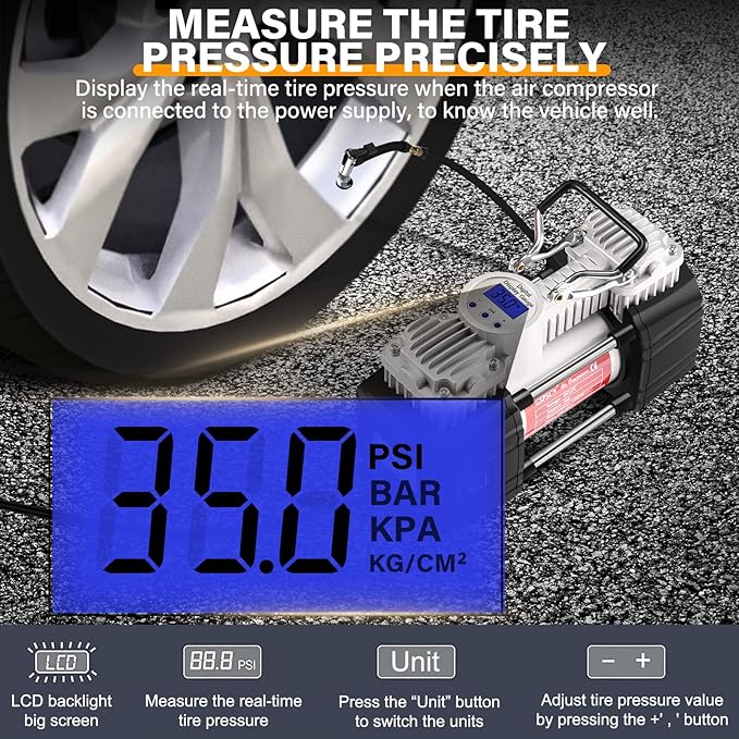 GSPSCN Portable Air Compressor Pump Tire Inflator with Digital Gauge, Heavy Duty Double Cylinder 12V Tire Pump 150 PSI with Tire Repair Kit and Toolbox for Auto,SUV,Off-Road,Truck,Bike