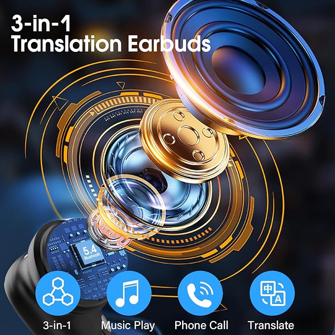 AI Language Translator Earbuds Real Time, 164 Language/6 Translation Modes Translator Earbuds 3-in-1 Translation Headphones, Bluetooth 5.4 Translation Device for Travel Business Learning, Navy Blue