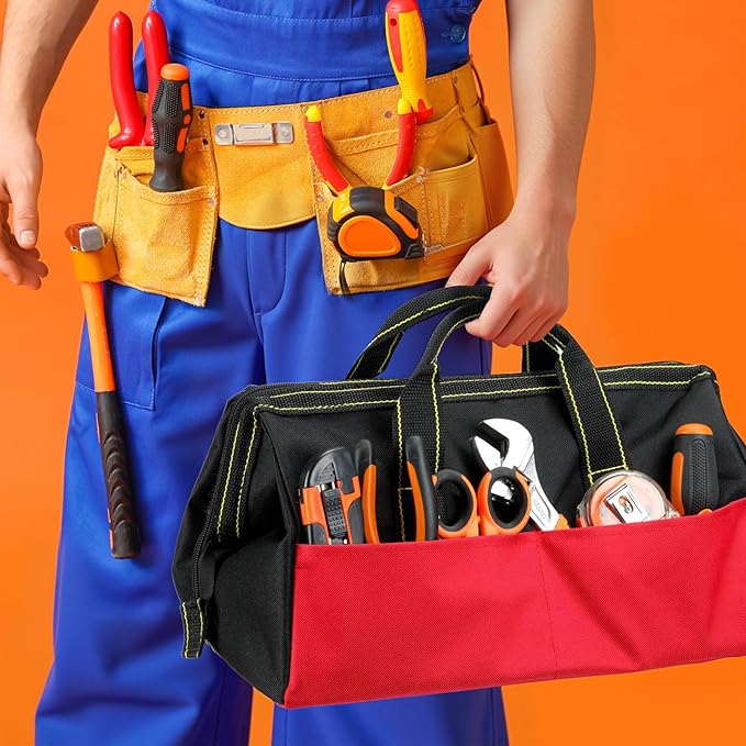 Sanwuta 3 Pack Tool Bag for Men with Waterproof Hard Bottom, Heavy Duty Tool Bag Wide Mouth Tote for Various Instrument, Electrician Carpenter Mechanic(16 Inch,Black Red, Blue, Yellow)