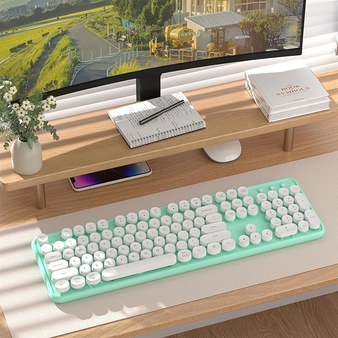 Colorful Wireless Bluetooth Keyboard, 2.4G & Dual Bluetooth Multi-Device, Typewriter Retro Round Keycaps 104 Keys Full-Size for PC Laptop Tablet Phone (White Dark-Green)