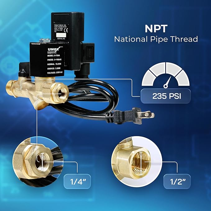 UNOX Electronic Drain Valve for Air Compressor, 1/2" NPT to 1/4" NPT 220V AC Automatic Timed Tank Drain Valve with 6 feet US Plug Cable - Max 235 PSI Solenoid Valve Assembled