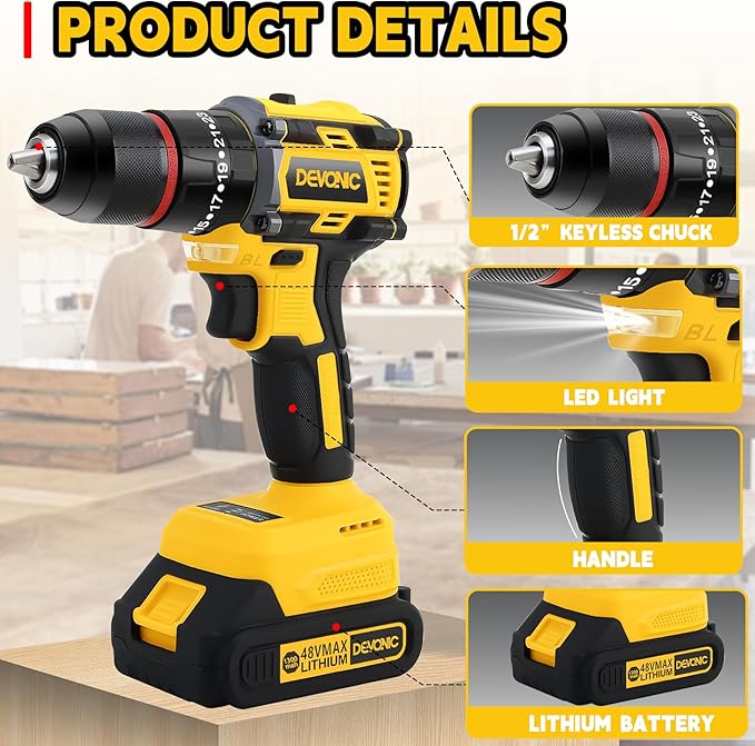 DEVONIC 21V Brushless Cordless Drill, 2 Battery and Fast Charger,1/2 Inch Keyless Chuck Torque 450 In-lb,2 Variable Speed 23+3 Clutch with Impact
