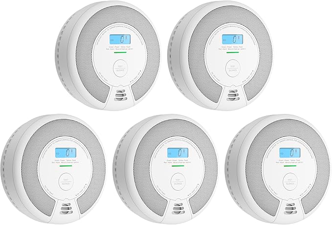 X-Sense 10-Year Battery Combination Smoke Carbon Monoxide Alarm Detector with Large LCD Display, Standalone Model, 5-Pack
