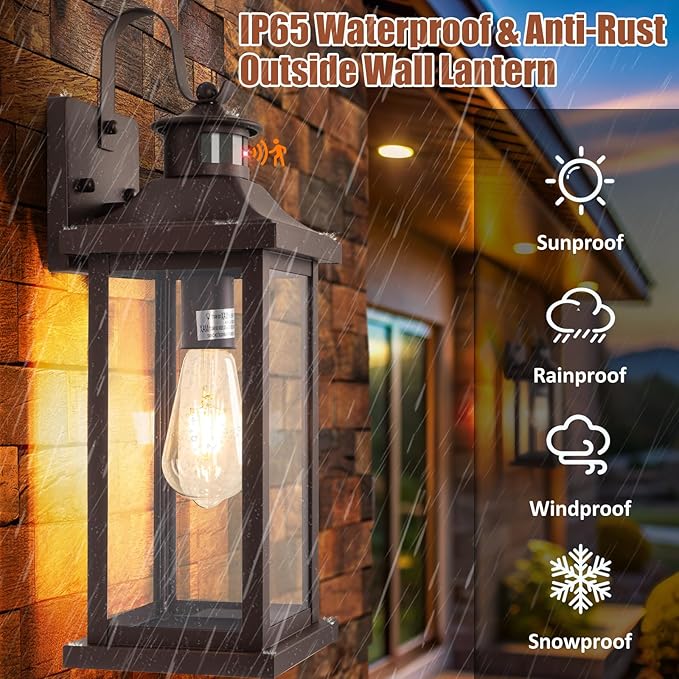 1-Pack 18 Inch Oil Rubbed Bronze Motion Sensor Outdoor Wall Lantern IP65 Waterproof, Large Brown Dusk to Dawn Outdoor Light for House Clear Glass Outside Wall Mounted Lamps Front Door