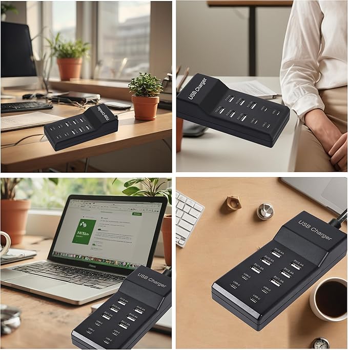 USB Charger, Charging Station with 10-Port for Phones, Watch,Tablets, Smartphones (Black, 6 USB-A & 4 USB-C)