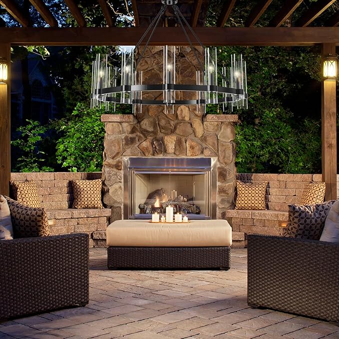 48 Inch Black Wagon Wheel Chandelier, 16 Lights, with Brown Glass Shade, Large Hanging High Ceilings Chandeliers for Dining Room Kitchen Foyer Entryway Living Room