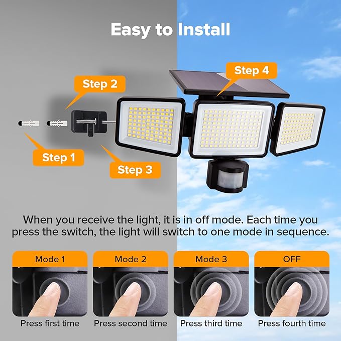 UME Solar Outdoor Lights 302 LED 3000LM, IP65 Waterproof Motion Sensor Outdoor Lights, 3 Heads Solar Security Flood Lights 270 Wide Lighting Angle with 3 Modes for Garden Patio Yard - 4 Pack