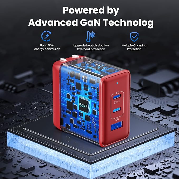 130W USB C Charger Block,3-Port GaN Fast Charger,Compact Foldable Type C Fast Charging Wall Charger,PD QC 65W USB C Laptop Charger for MacBook Pro/Air,iPad Pro,iPhone16/15,Galaxy Series etc(Red)