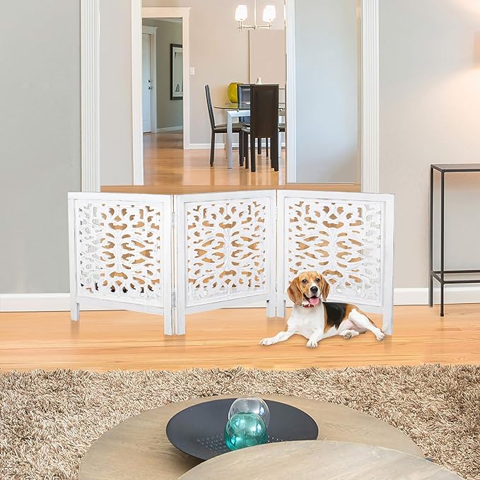 Foldable Wooden Dog Gate for Doorways, 3-Panel Freestanding Indoor Fence, Decorative Extra Wide Barrier for Home,Pet Gate White – Stylish, Portable, No Installation Needed