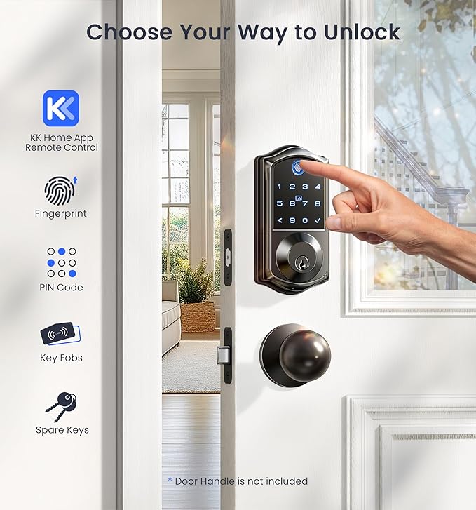 Veise VE017G Wi-Fi Keyless Entry Door Lock with Fingerprint, App Remote Control, Smart Locks for Front Door, Electronic Keypad Deadbolt, Auto Locking, Waterproof, Easy to Install, Matte Black