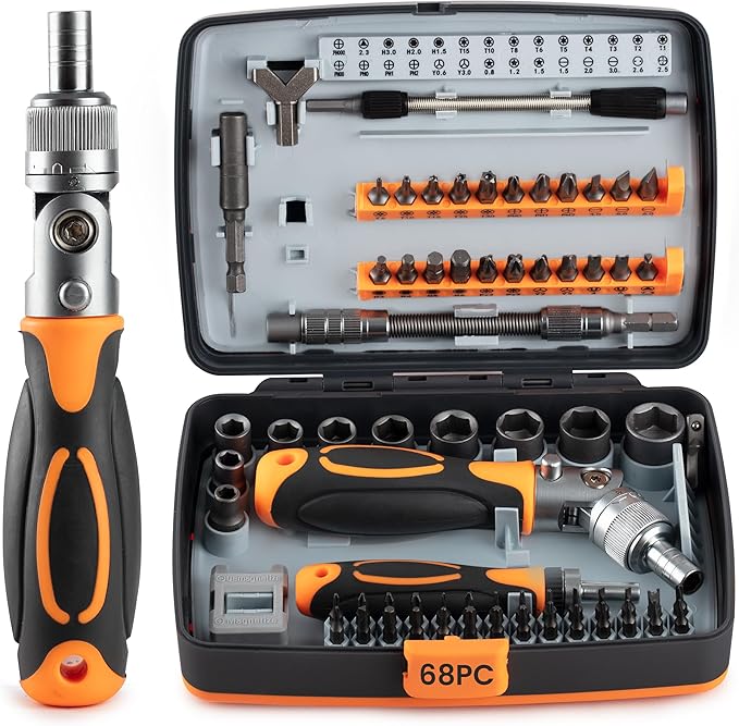 Ratcheting Screwdriver Set -68 in 1 Socket Set & Magnetic Screwdriver Bit Set with Rotatable Ratchet Handles