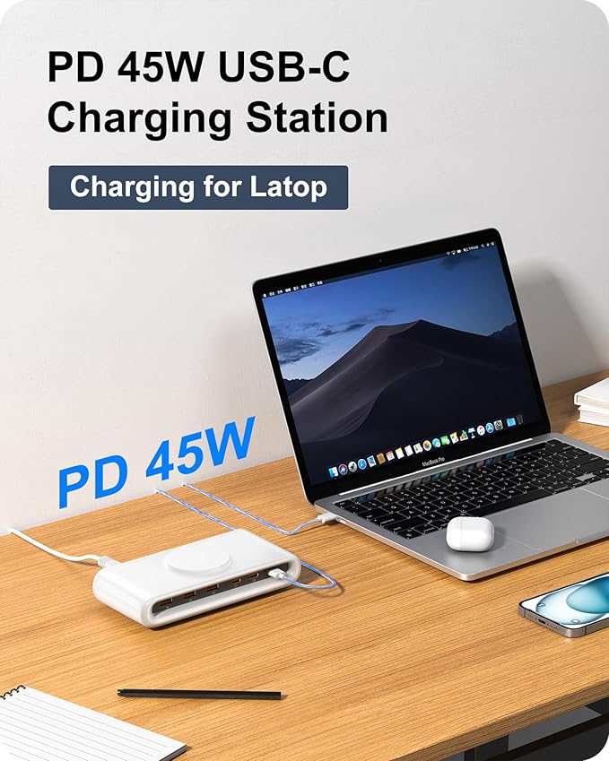 135W USB C Charging Station, 7-in-1 Magnetic Wireless USB Charger Station with PD 45 Fast Charging & 10W Wireless Charger for Phone 13 12 iPad Samsung Laptop and More