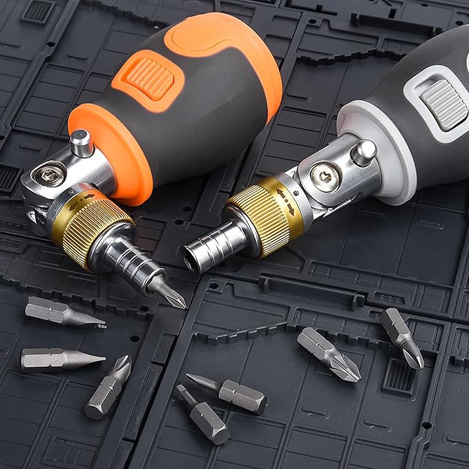 8-in-1 Magnetic Ratcheting Screwdriver Set with Phillips/Torx/Hex/Square Heads - 180° Pivoting Angle, Compact Electrician & DIY Hand Tool Kit Small Mini Set (Orange)