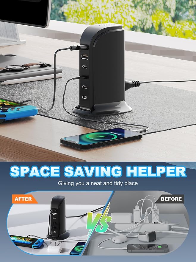 USB Charger, Charging Station for Multiple Devices 65W, Fast Charging Blocks with 4Type C Ports, Dual USB Charging Hub Organizer Multiport for iPhone, Ipad, Smartphones, Travel Accessories (Black)