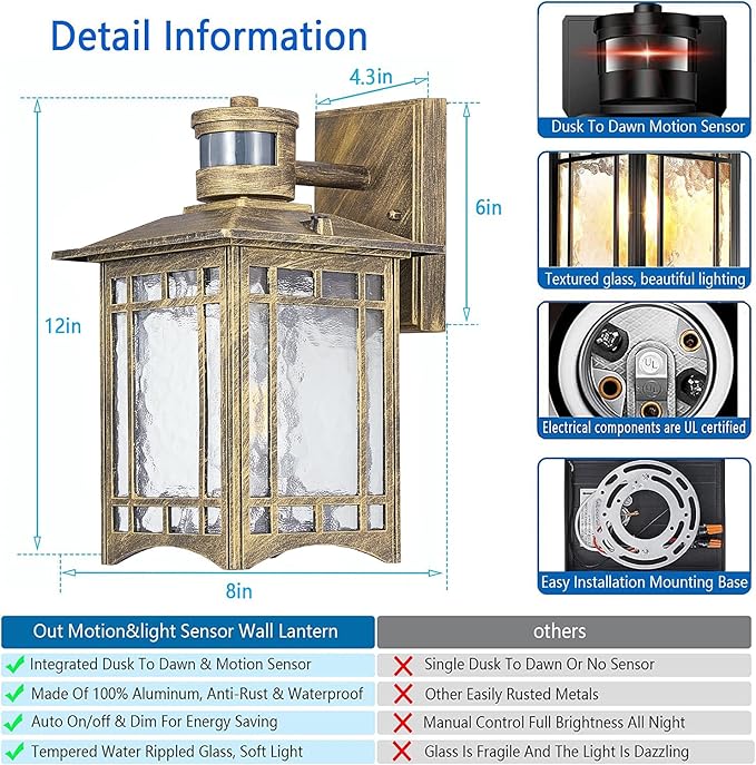 2 Pack Bronze Outdoor Motion Sensor Lights - Dusk to Dawn Lighting Fixture for Outside House Exterior - Wall Mount Porch Lantern with Yard Front Motion Detector - Garage Patio Anti-Rust Light