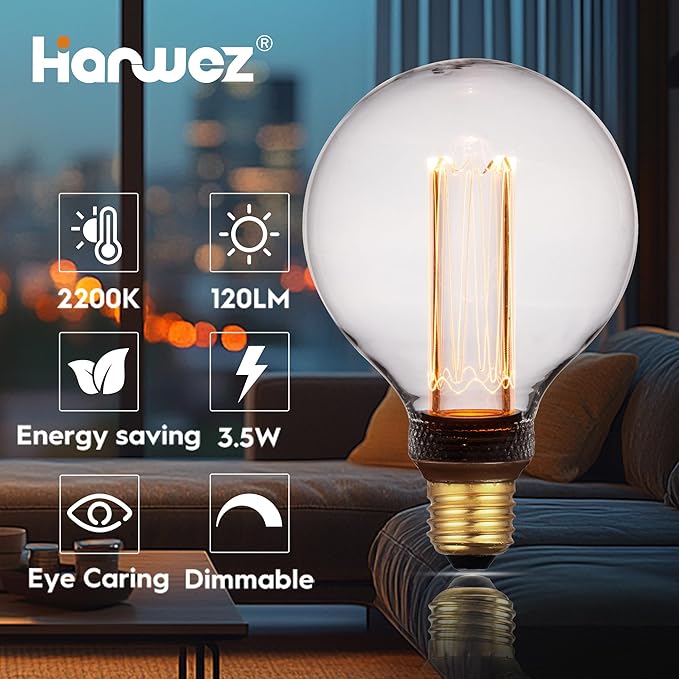 Globe Edison LED Light Bulb, Vintage Decorative Dimmable Bulb Round Glass Cover, 3.5W Low Lumen Eye-Caring Soft Dim Lighting for Mood(Not Daylight White), E26 Medium Base, Clear RN G95