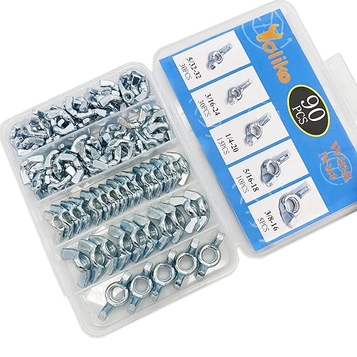 90 Pcs 5 Sizes 5/32",3/16",1/4",5/16",3/8" Wingnuts, Quality Carbon Steel Wing Nuts Zinc Plated Fasteners Parts Butterfly Nut, Hand Twist Tighten Hardware Nuts Butterfly Wing-Nut Assorted Kit