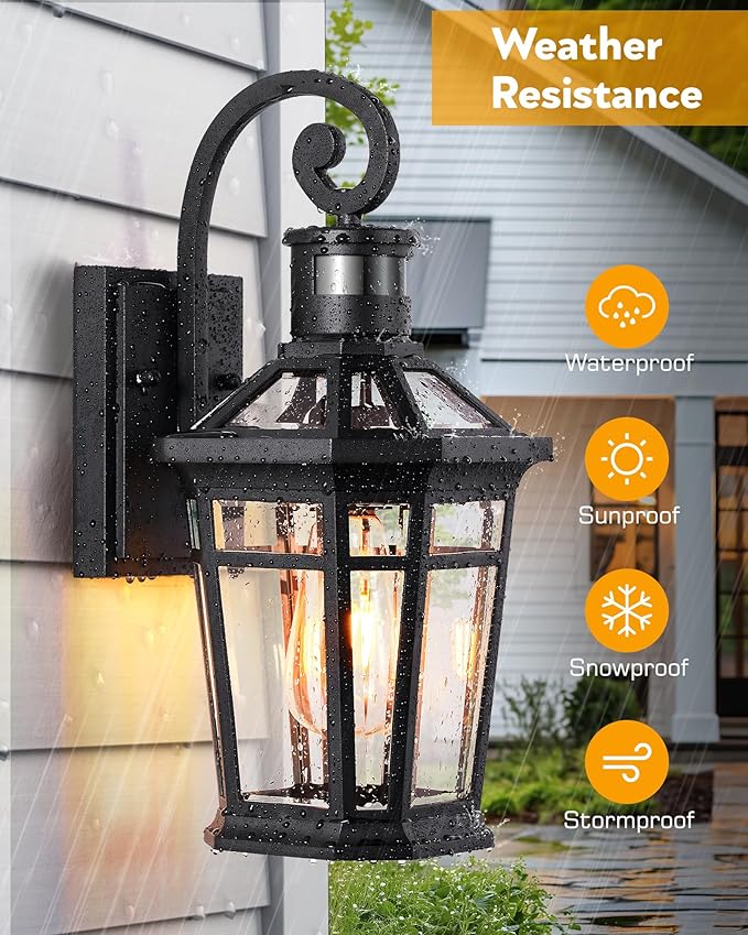 Motion Sensor Outdoor Wall Lights, Black Dusk to Dawn Porch Light Wall Mount, Exterior Lighting Fixtures, Outdoor Wall Sconce Lantern with Adjustable Sensor Range, Coach Lights for Garage Patio