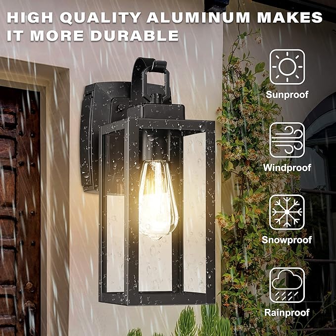 Pia Ricco Outdoor Porch Lights with GFCI Outlet, Matte Black Outside Wall Lantern with Clear Glass Shade, Waterproof Wall Mount Lighting Fixture, Exterior Sconce for House Patio Garage, ETL Listed