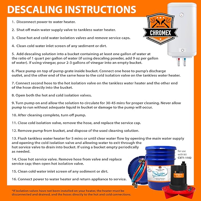 Chromex Tankless Heater Descaler Kit - Just Add Vinegar or Your Own Descaler