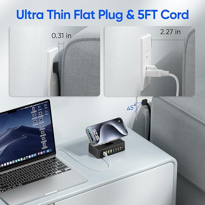 160W USB Charging Station Power Strip, 11-in-1 USB C Charger Block, 2AC Outlets with 8USB Ports(4USB-C), 5FT Flat Plug Extension Cord, Fast Charging Desktop Charger for Home Office Dorm Room, Black