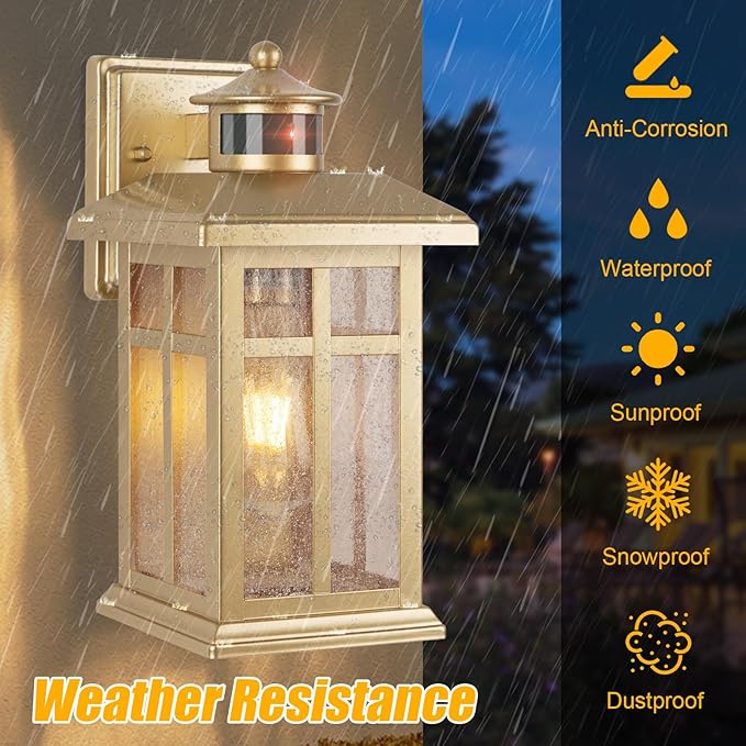 Modern Motion Sensor Outdoor Light Fixture, Gold Waterproof Dusk to Dawn Exterior Light for House, Garage, Garden