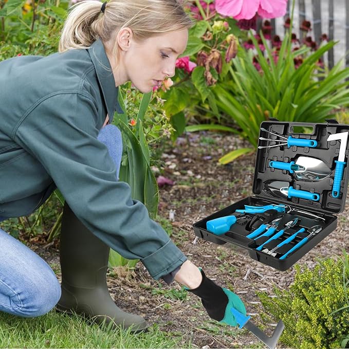 Gardening Tool Set, 11 Pieces Gardening Tools with Carrying Case, Garden Tool Kit for Digging Planting Pruning, Unique Gardening Set with Gloves for Women and Men (Blue)