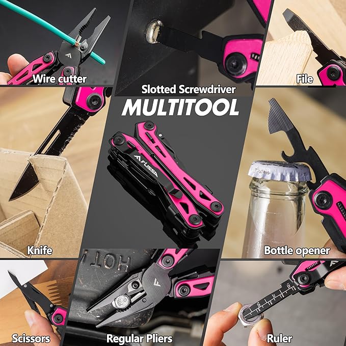 FLISSA 16-in-1 Pink Multi Tool Pliers, Gifts for Men, Stainless Steel EDC Multitool with Pocket Knife, Belt Clip and Oxford Pouch, for Camping Survival Outdoor Activities
