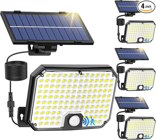 Solar Outdoor Lights, Motion Sensor Dusk to Dawn Wall Lights Waterproof, LED Outside Solar Powered Security Flood Light Fixtures 3 Modes with 16FT Cable for Front Door Porch Shed Barn Garage, 4 Packs