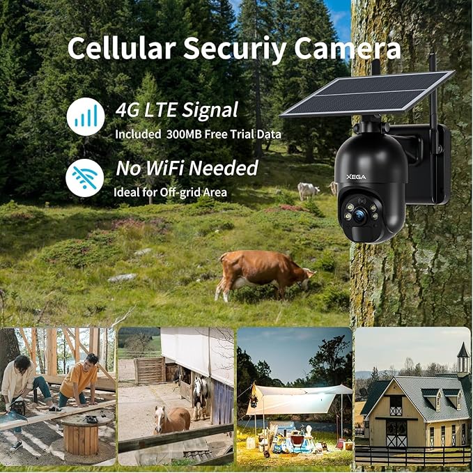 Xega 4G LTE Cellular Security Camera Outdoor Solar Camera Wireless Built-in SIM Card, 2K HD Color Night Vision PTZ 360° View, Smart PIR Motion Detection, 2-Way Talk, No WiFi, IP66