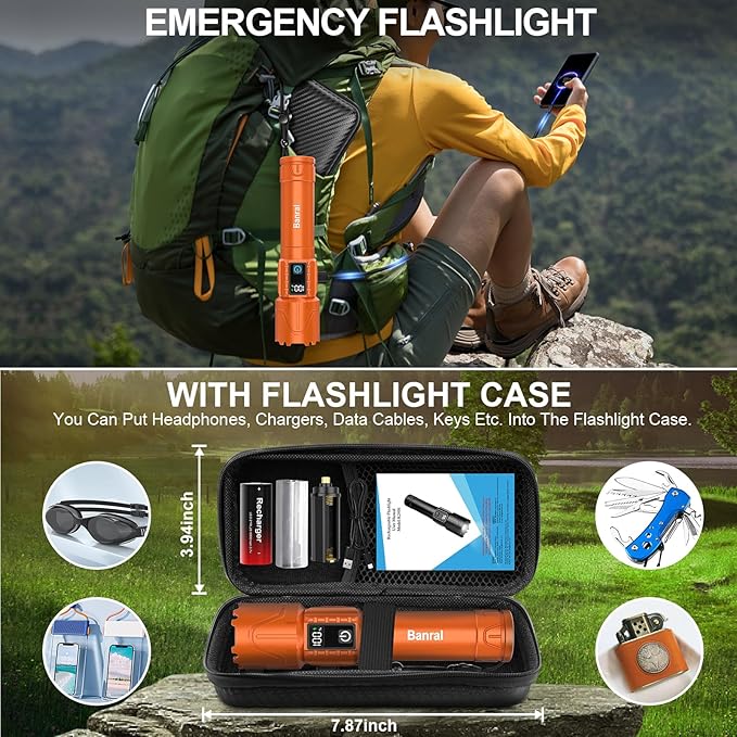 Rechargeable Flashlights High Lumens - Super Bright LED Tactical Flash Light, Powerful Waterproof Handheld USB C Flashlight for Camping,Emergencies,Home,5 Modes,Zoomable (1, Orange)