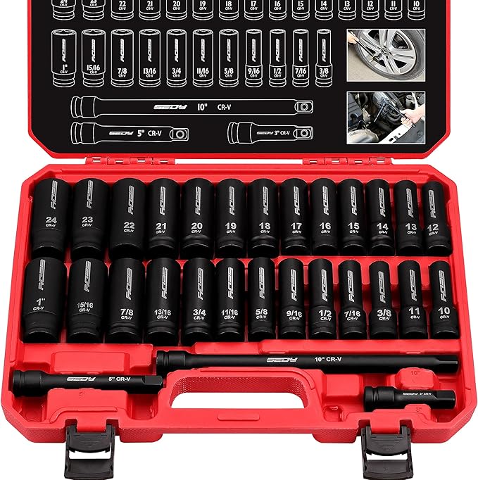 29-Piece 1/2" Drive Impact Socket Set, SAE (3/8 to 1 inch) and Metric (10-24mm) Sizes with Extension Bars Standard Deep Socket Set CR-V Material High Durability Impact Wrench