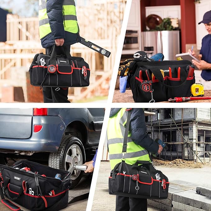 HAUTMEC 3 Piece Large Tool Bag Set, Heavy Duty 1680D Wide Mouth Tool Bags with Padded Shoulder Strap, Non-Slip Base, Double Zipper & Organiser Pockets – 12”, 18”, 24” Sizes – HT0297