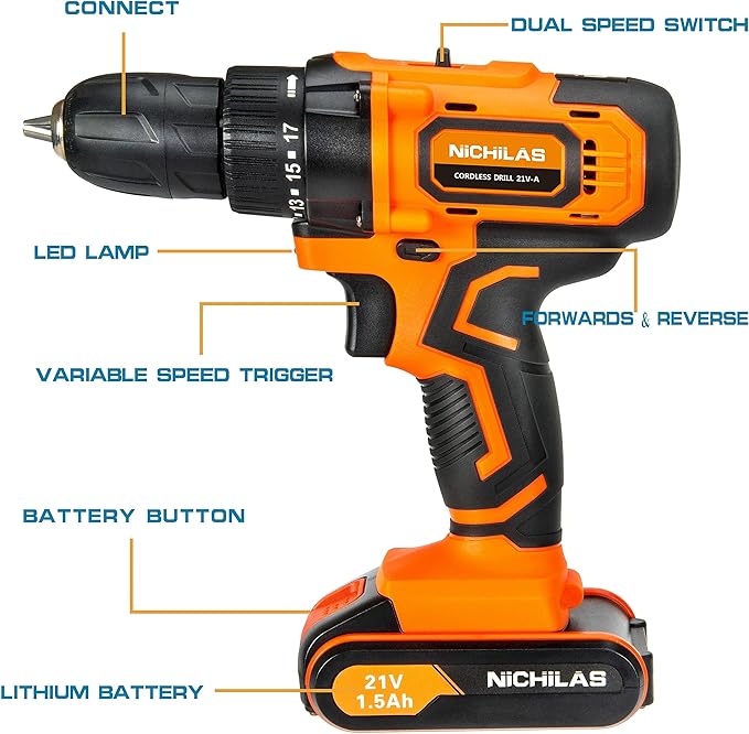 Cordless Drill, 21V Power Screwdriver 2 Variable Speed 3/8” Keyless Chuck, 1500mAh Battery and Charger for assembling, repairing and DIY
