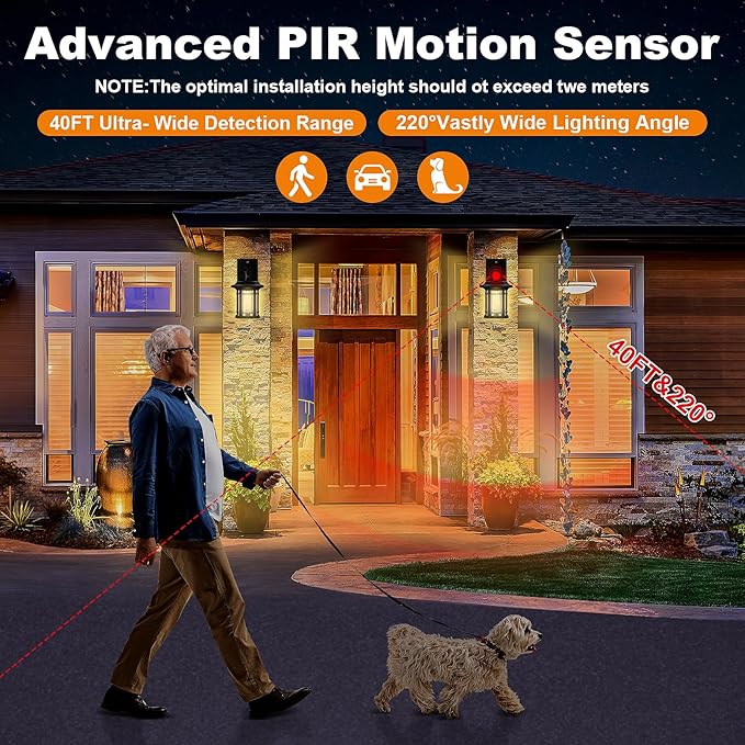 Motion Sensor Outdoor Wall Light, IP65 Waterproof Dusk-to-Dawn Auto Mode, 3 Lighting Modes Black Exterior Lighting for Porch, Patio, Garage