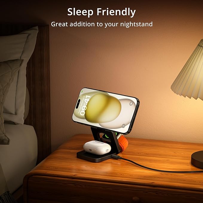 3-in-1 Wireless Charger Stand, LULULOOK 15W Magnetic Charger Wireless Fast Charging Station for iPhone 16/15/14 Series, Aluminum 5W Charger for Apple Watch, AirPods, USB-C Charging Cable Included