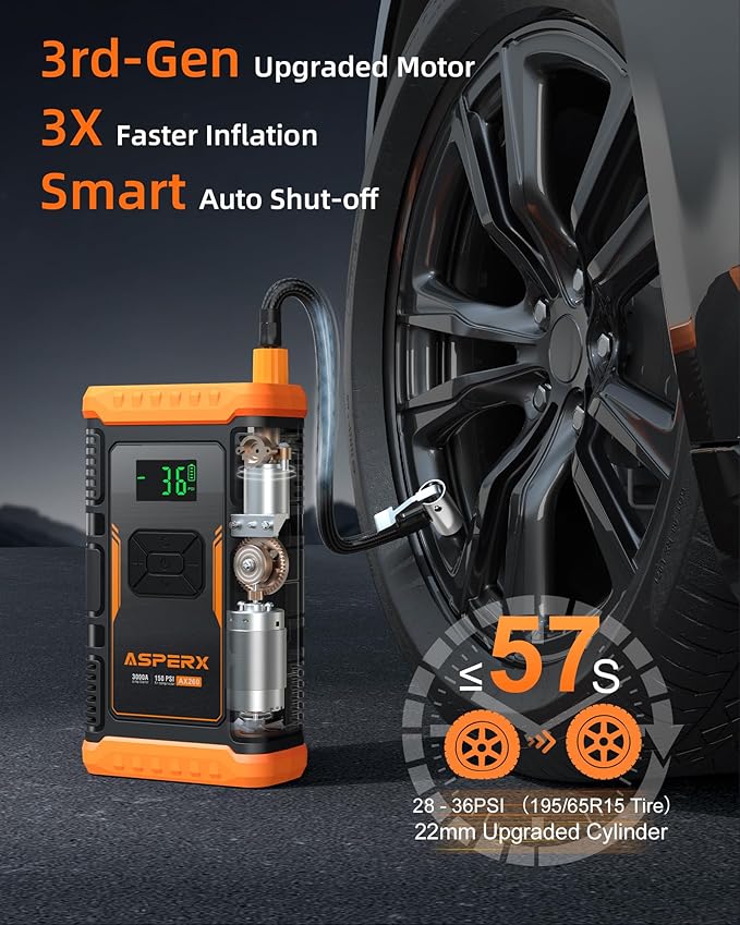 ASPERX Jump Starter with Air Compressor,γUpgrade & Safety Certsγ10L Gas/8L Diesel(Almost All Cars) 12V Jumper Box Car Battery Jumper Starter Portable with Tire Inflator, Jumper Cables, Display & Light