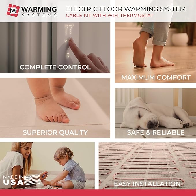 10 Sqft 120V Electric Radiant Floor Heating Kit – Includes Heating Cable, Programmable Thermostat, Sensor, Cable Guides, Installation Monitor and Under Tile Heated Floors
